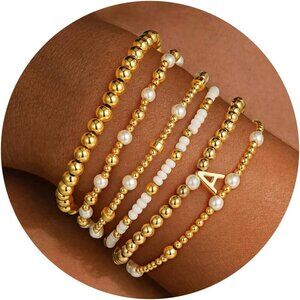 Beaded Initial Bracelets Set for Women Girls Gold Plated Stackable Jewelry
